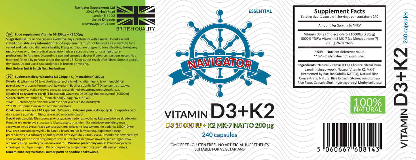 Navigator Witamina D3, 10 000 IU + Witamina K2 MK-7, 200 μg, 240 kapsułek