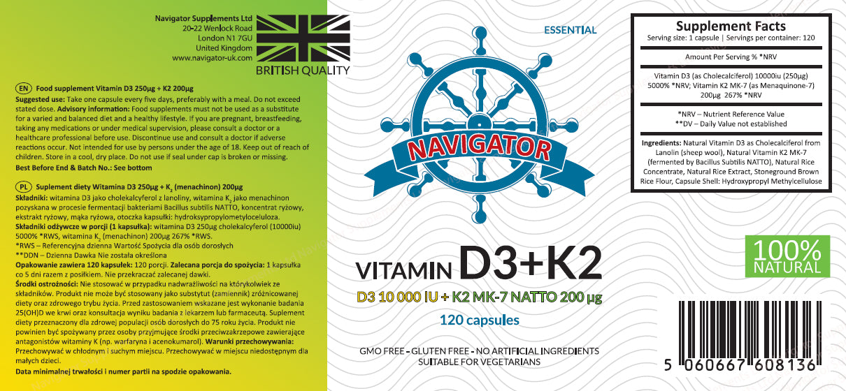 Navigator Witamina D3 10000 IU + Witamina K2 MK-7 200 μg, 120 kapsułek