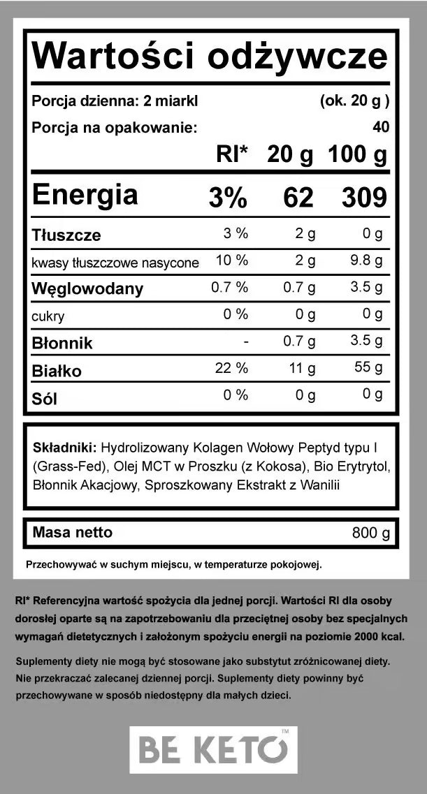Keto Kolagen z olejem MCT – Francuska Wanilia 800g BeKeto