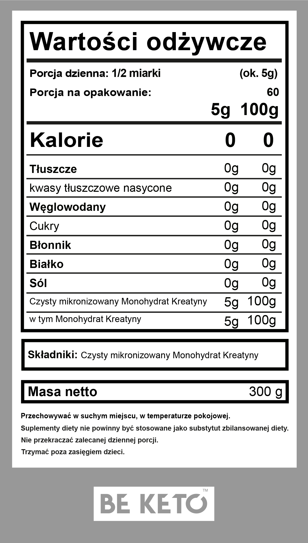 Monohydrat Kreatyny 100% – 300g BeKeto