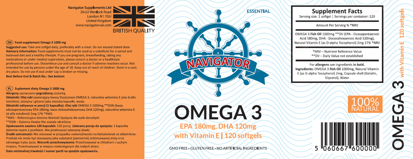 Omega 3 1000 mg 120 kapsułek EPA 180 mg DHA 120 mg Navigator