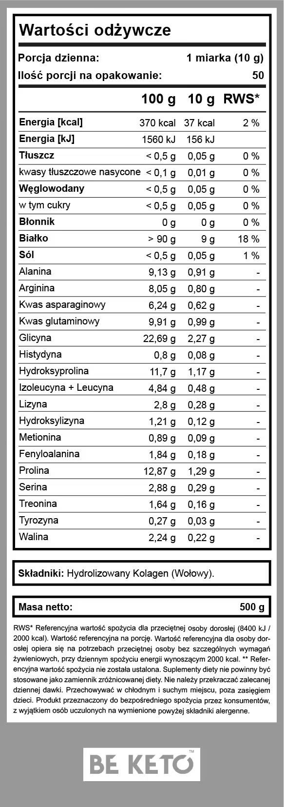 Czysty Kolagen Wołowy – Bezsmakowy 500g BeKeto