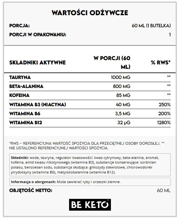 Shot Przedtreningowy – Biała Brzoskwinia 60 ml 1 sztuka BeKeto