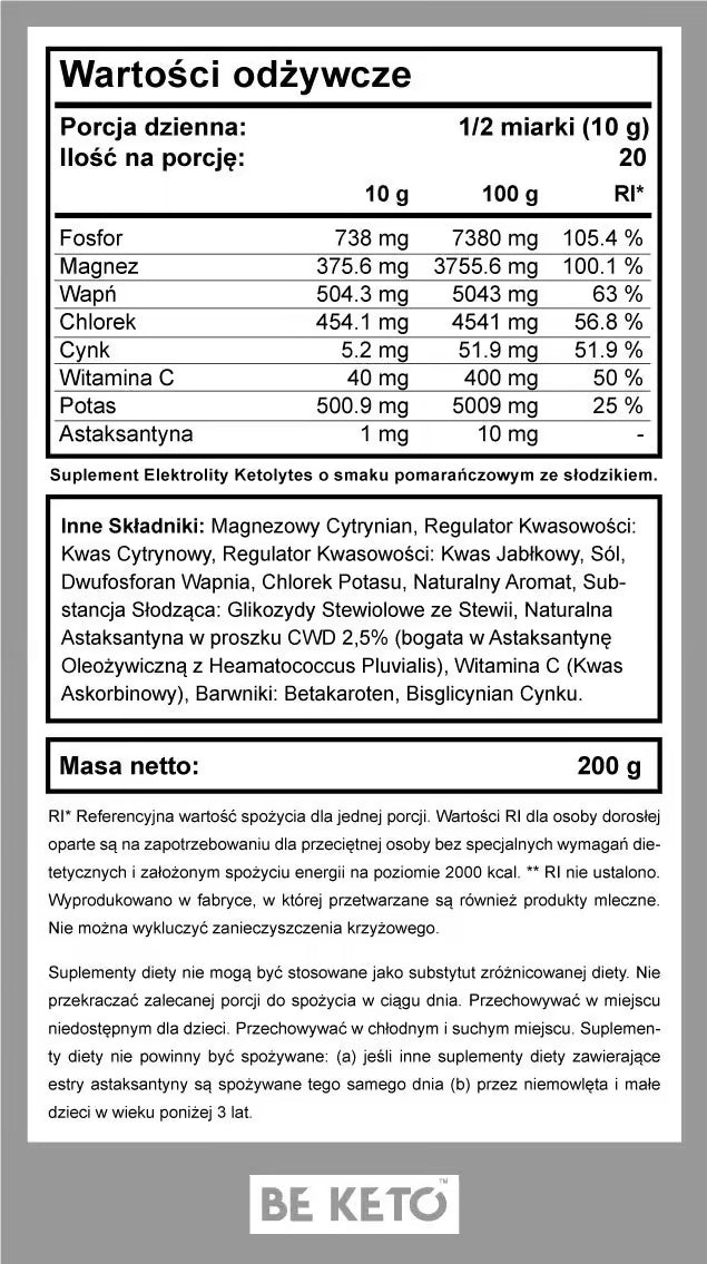 Elektrolity Ketolytes w Proszku – Słoneczna Pomarańcza 200g BeKeto