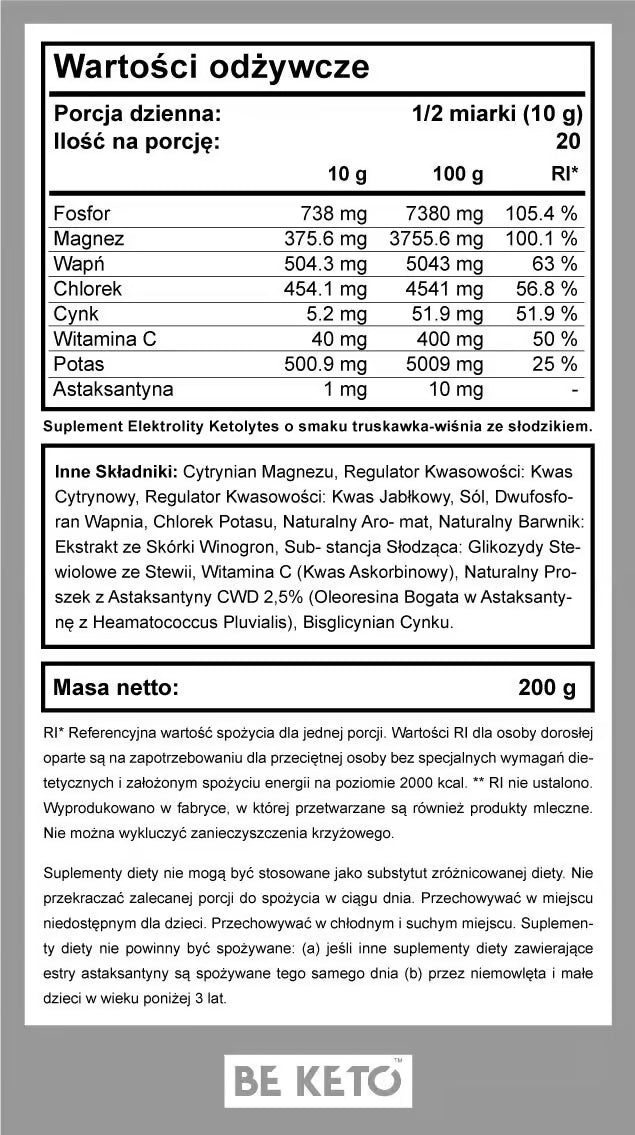 Elektrolity Ketolytes w Proszku – Wiśnia-Truskawka 200g BeKeto