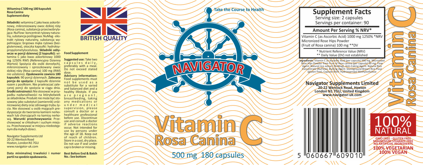 Witamina C z owocem dzikiej róży, 500 mg, 180 kapsułek, Navigator