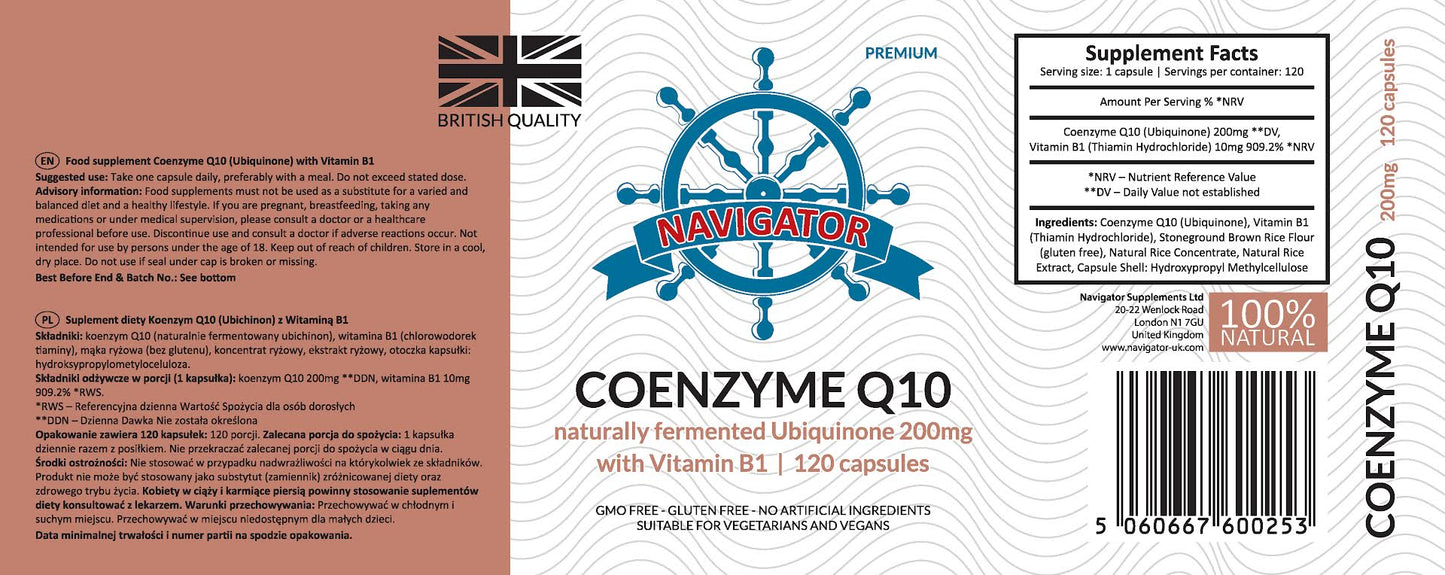 Koenzym Q10 200 mg z Witaminą B1 (Tiaminą), 120 kapsułek, Navigator