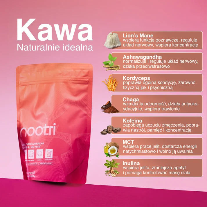 Nootri Kawa Grzybowa Ashwaganda Lion's Mane, Cordyceps, Chaga, MCT 30 porcji