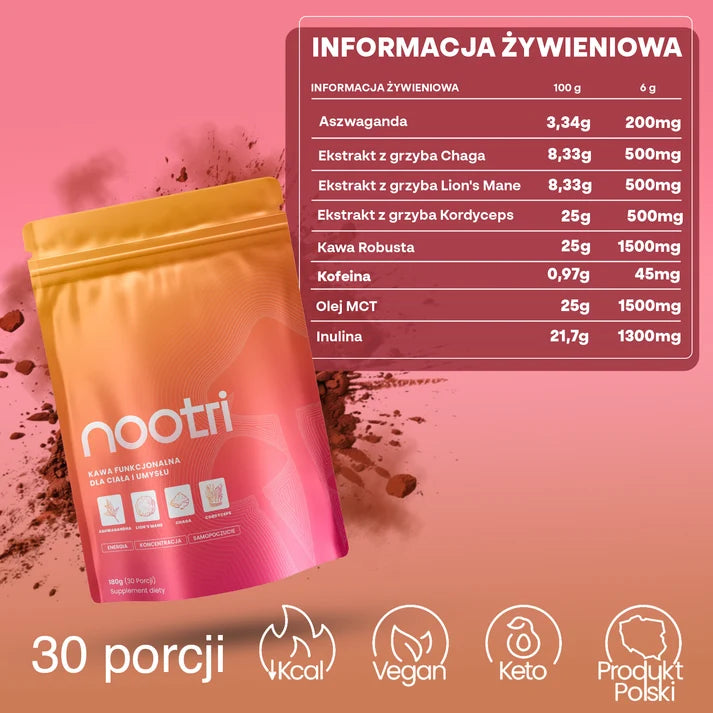 Nootri Kawa Grzybowa Ashwaganda Lion's Mane, Cordyceps, Chaga, MCT 30 porcji