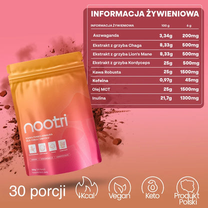 Nootri Kawa Grzybowa Ashwaganda Lion's Mane, Cordyceps, Chaga, MCT 30 porcji