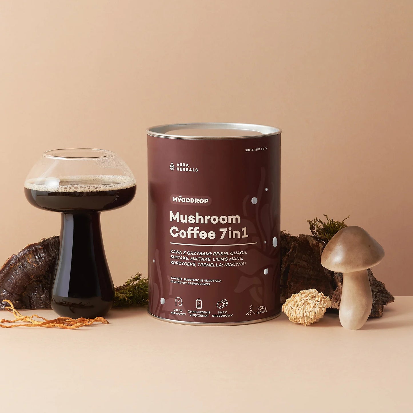 Mycodrop, kawa z grzybami, mushroom coffee 7 in 1, proszek 250 g Aura Herbals