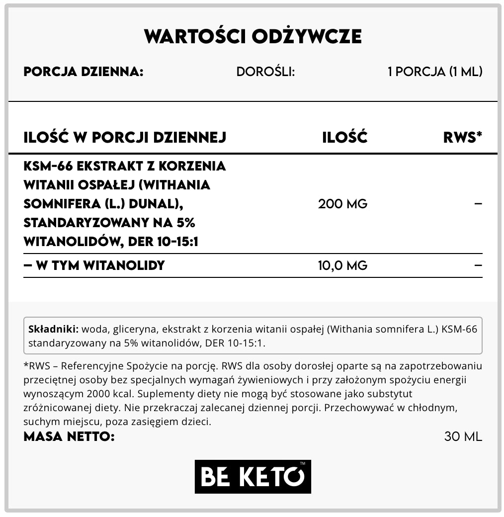 Ashwagandha KSM-66 w Kroplach – 30ml BeKeto