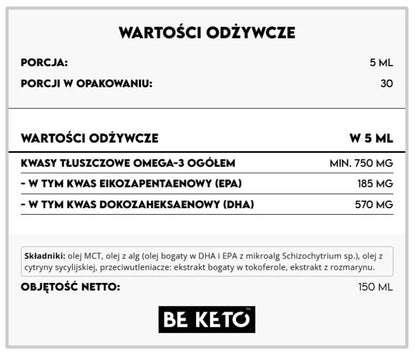 MEGA Omega 3 Wegańska – Olej z Alg – Cytrynowy 150ml 750 mg Omega-3 w Porcji BeKeto