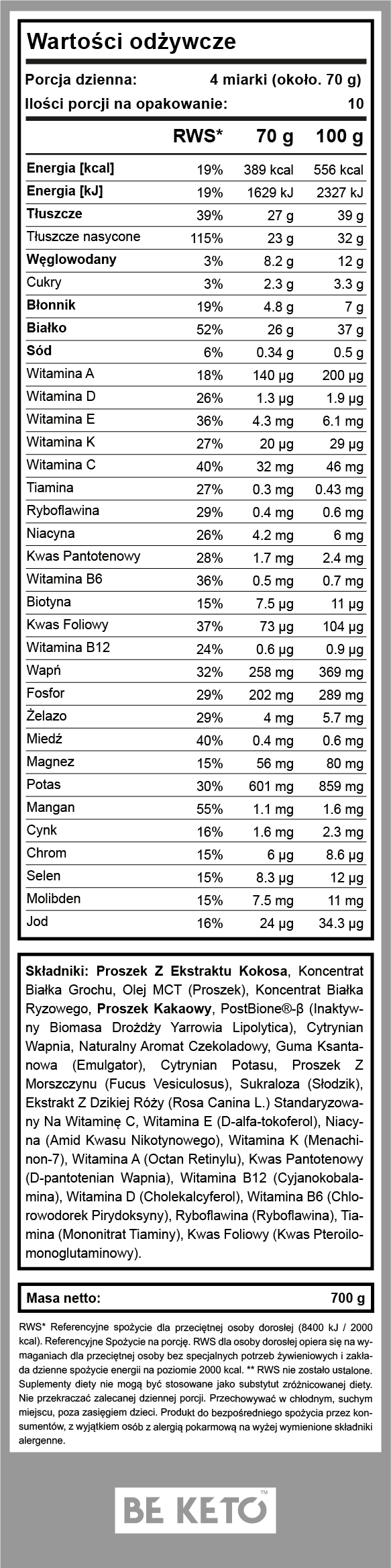 Keto Posiłek – Belgijska Czekolada 700g BeKeto