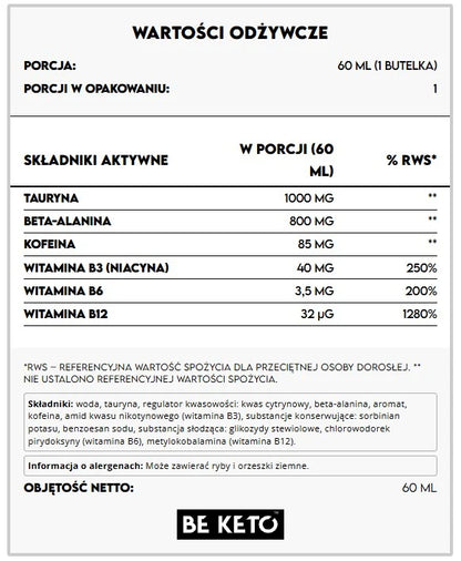 Shot Przedtreningowy – Biała Brzoskwinia 60 ml 1 sztuka BeKeto