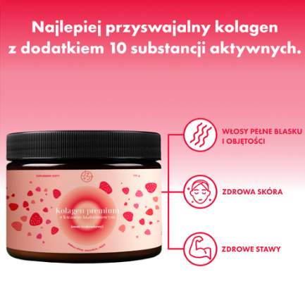 Kolagen premium z kwasem hialuronowym, wit. C i 8 substancjami dla pięknych włosów, paznokci i skóry (smak truskawkowy)  Jemy Zdrowo