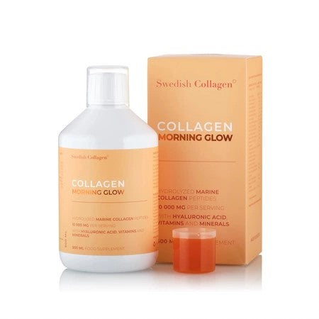 Swedish Nutra Kolagen Morning Glow zawiera hydrolizowany kolagen rybi, kwas hialuronowy oraz zestaw witamin i minerałów