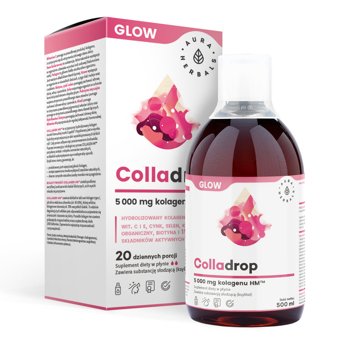 Colladrop Glow, kolagen morski 5000 mg, płyn 500 ml Aura Herbals