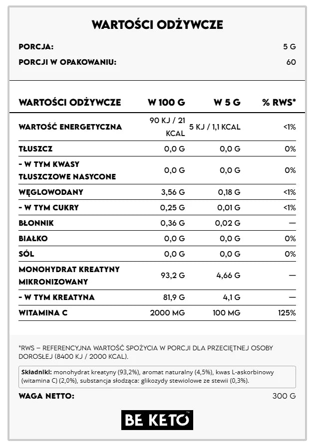 Monohydrat Kreatyny – Wiśnia Sakura 300g BeKeto