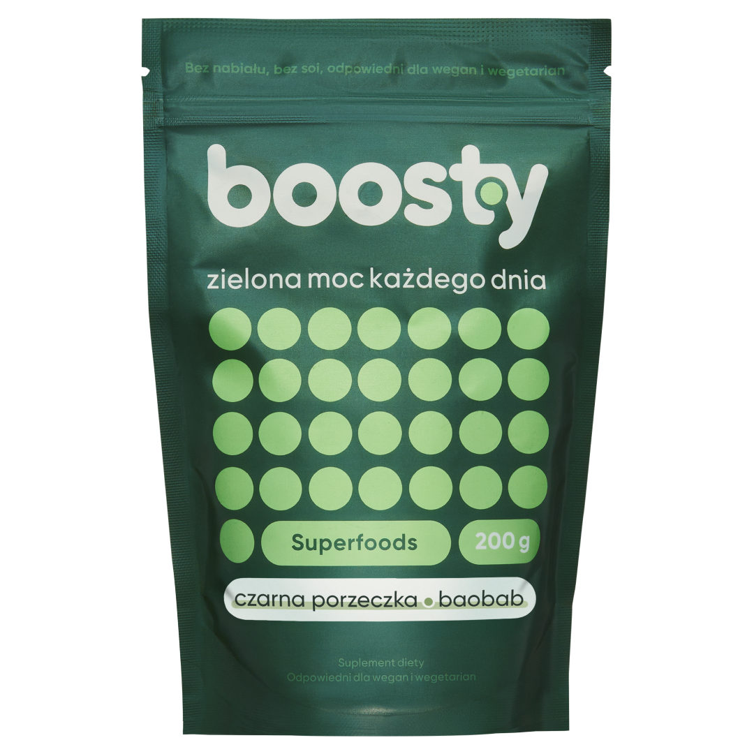BOOSTY suplement na jelita NOWY SMAK cz.porzeczka+baobab, proszek 200g.