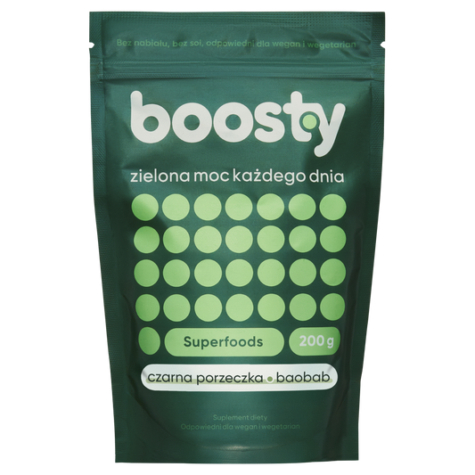 BOOSTY suplement na jelita NOWY SMAK cz.porzeczka+baobab, proszek 200g.